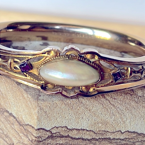 Antique Edwardian Gold Tone Glass Purple Pearl Stone Bangle Bracelet S.O.B & CO - Picture 5 of 15